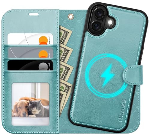 OCASE iPhone 16 Hülle(2in1) Leder Stoßfestes Case, Abnehmbare magnetische Hülle, MitHandschlaufe, Kabelloses Laden, Kartenfach, Standfunktion, Handyhülle RFID Schutzhülle Klapphülle Blauer See
