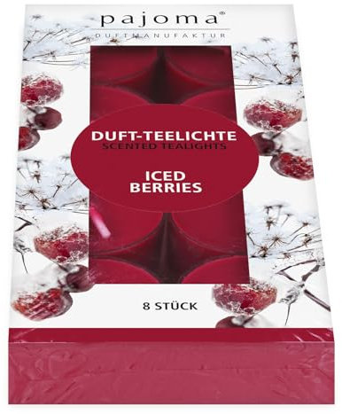 pajoma® Teelichte 8 Stück, Iced Berries | Duft-Teelichte in Polycarbonathülle, Brenndauer ca. 4 Stunden - Höhe 1,5 cm ø 3,5 cm | Premium Qualität | Deko, Gastronomie, Outdoor, Windgläser, Hochzeit