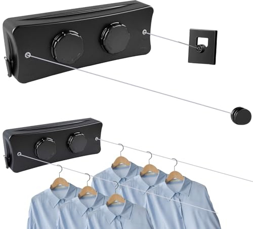 Corde à Linge Rétractable, Fil Linge Retractable en Acier Inoxydable 304, Fil Etendoir Retractable 5,1m Capacité de Charge de 20Kg pour Intérieur/Extérieur, Noir