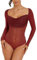 MAYFASEY Women's Rhinestone Square Neck Sheer Mesh Long Sleeve Bodysuit Ruched Body Suits Going Out Tops, Wine Red, L