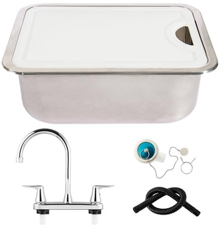 Fregadero Cocina Inoxidable 304 Grifos de Agua Fría y Caliente con Tabla de Cortar y Accesorios Fregadero Camper