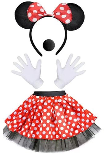 MIVORA Damen Maus Mouse Kostüm, Rot Tutu mit weiß Gepunktet + Haarreifen mit Maus Ohren + Handschuhe + Nase für Fasching Karneval Motto Cosplay Party Halloween