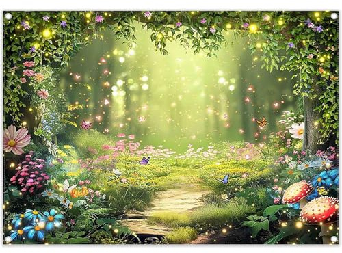 Luminora 2,1x1,5 m Hintergrund verzauberter Wald Frühling Märchen | Polyester-Stoff, Wandbehang, Kinder Familien Geburtstagszubehör, Banner Dekorationen, Outdoor Fotokabine