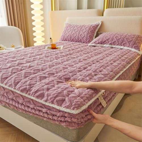 Homxi Boxspring Spannbettlaken Doppelbett,200 x 220 cm,Matratzenbezug Doppelbett Flanell Einfarbig mit Rautenmuster Bettwäsche mit Lila