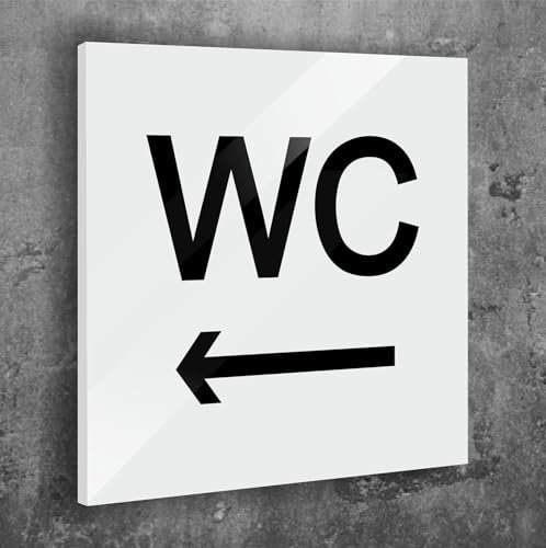 Türschild WC Schild Pfeil Links Weiß Matt Selbstklebend UV Druck 12 x 12cm - 3mm Aluverbund - Made in Germany Art.Nr. W 2016