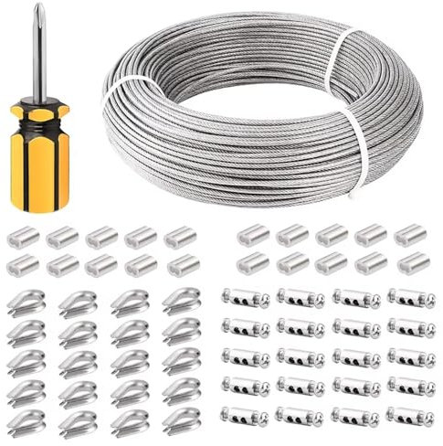 NEWFUN Garden Wire/Cable Railing Kit, 100M cavo acciaio 3mm, Set di cavo acciaio 3mm, ditale, adatto per filo di tensione per recinzioni, fune metallica per lampade da esterno, fune per tende