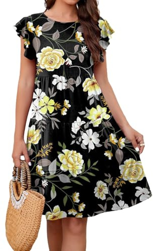 Boho Midikleid Damen Kleider Freizeit Lose Sommerkleid Rüschen Ärmel Tunika Kleid für V-Ausschnitt Strandkleid Blumenkleid