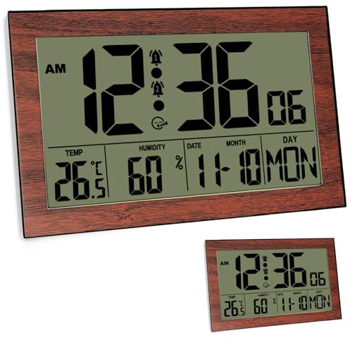 Bcuuozeeing Digital Radio Wall Clock with Temperature Display and Humidity Display, Digital Radio-Controlled Clock with Backlight, Plastic Wood Grain