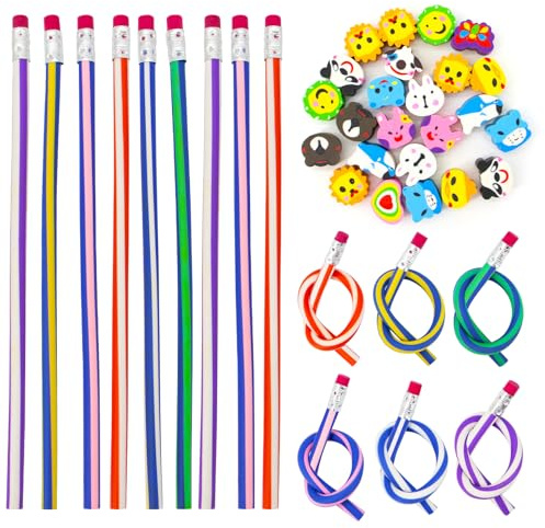 BORISCA Set di 24 matite flessibili per bambini e 24 gomme da cancellare, regali di compleanno per bambini scuola matite per dettagli di compleanno, regalo per studenti fine corso (grana dritta)