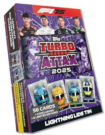 Topps Turbo Attax Formel 1 2025 – Mega Tin – Lightning Lids – enthält 66 Karten, darunter 6 LE-Karten und 4 Exklusivkarten