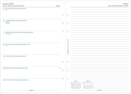 Filofax Calendar Diary Refill, A5 Size, Week on One Page with Notes, White Paper, Multilingual: Five Languages, 2026 (C68509-26)