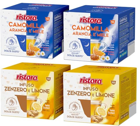 Set 80 Capsule Ristora Compatibili con le Macchine ad uso domestico Nescafè®* Dolce Gusto®* 40 Camomilla arancia miele 40 Infuso Zenzero e Limone