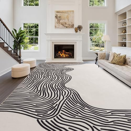 Calinline Abstraktem Linien Teppich Wohnzimmer Creme,140x200 cm Beige | Groß Kurzflor Waschbare Wohnzimmerteppich, Moderne Schlafzimmer Teppiche, Weich Wollteppich Carpet für Büro Esszimmer