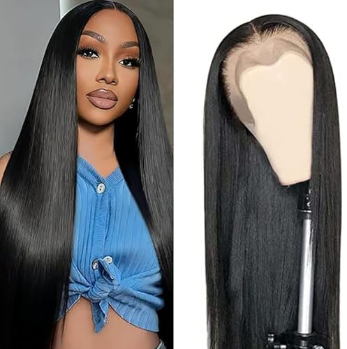 AiPliantfis Straight Human Hair Wig 13X4 Lace Echthaar Perücke Damen Glueless Wig Wear and Go Pre Plucked 150% Density Unprocessed Remy Hair for Women Natural Black 28 Zoll