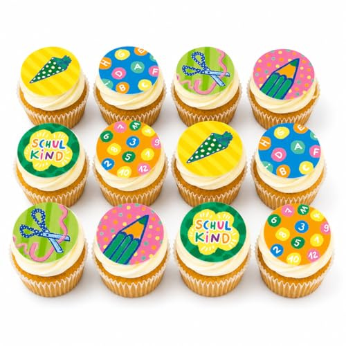 12 Muffinaufleger Einschulung Esspapier Ø 4cm – Schulkind Deko für Muffins & Cupcakes – 6 Motive 2x – Essbare Tortenaufleger Schulanfang – Made in Germany