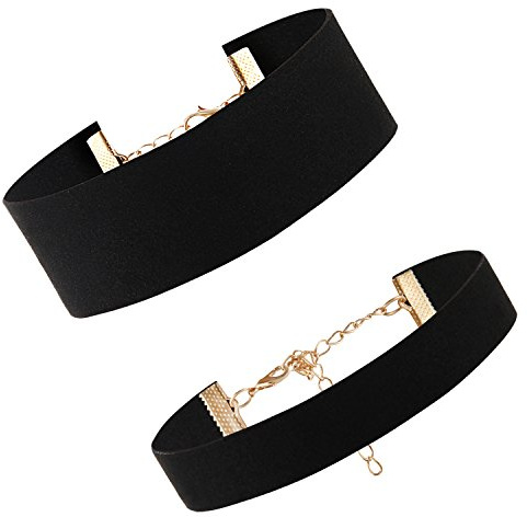 Aroncent 2 Stück Damen breit Hoker Halskette Velvet Choker Halsketten Tattoo Punk Gothic Halsband mit Gold Kette, Schwarz
