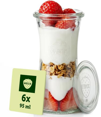 Weck Gläser 95ml – 6er Set mit Deckeln – Delikatessenform – robuste Dessertgläser, Einkoch- & Einmachgläser – klein – Weckglas ideal für Nachtisch – Made in Germany