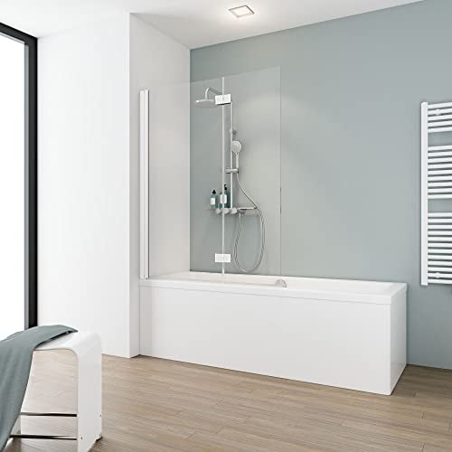 Schulte pare-baignoire 104 x 130 cm, couleur blanc, 2 volets (63+41) mobiles réversibles pivotant, 180° contre le mur, verre de sécurité 5 mm transparent, joint d'étanchéité