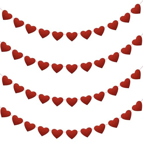 HOWAF 12M Glitzer Rotes Herz Garland Valentinstag Deko Herz Banner PVC Herzen Deko für Romantisch Deko Hochzeit Dekoration Heiratsantrag Deko Geburtstag Party Antrag Deko