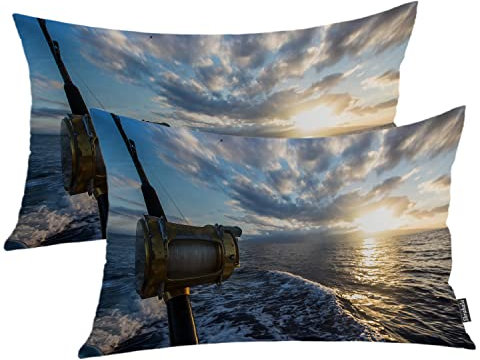 Shrahala Ocean Fish Decorative Pillow Covers, Fishing Boat Image for Cushion Case for Sofa Bedroom Car Throw Pillow Covers Cushion Cover Lumbar 12 x 20 Inches Purple, Set of 2