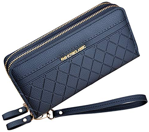 Damen Geldbörse mit Doppeltem Reißverschluss Geldbörse PU Leder Telefon Geldbörse für Frauen Große Kapazität Lange Clutch Geldbörse mit Mehreren Kartensteckplätzen Armband Geldbörse