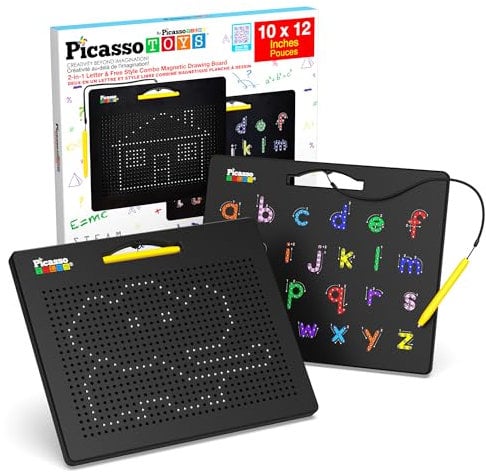 PicassoTiles 2-en-1 Tablero de Dibujo magnético de Doble Cara en minúscula, Alfabeto y Escritura de Estilo Libre, Tablero de Lectura, 12 x 10 Pulgadas, almoha para Tableta, Juego de Aprendizaje