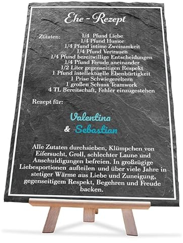 wandmotiv24 Schiefertafel Hochzeit Ehe-Rezept, 20x30cm, Staffelei, Aufsteller, Personalisierte Namen + aufgedrucktes Rezept, Natur-Schieferplatte, Hochzeitsgeschenk für Brautpaare, Verlobung M0124