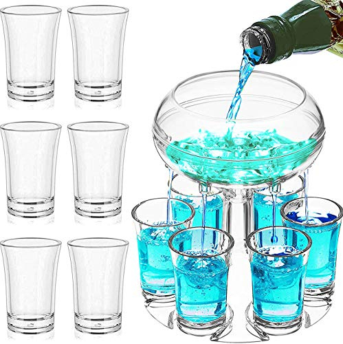Schnapsspender und Halter mit 6 Schnapsgläser Plastik - Shot Gläser Getränkespender für Gin Whisky, Ausgießer Spirituosen Shot Verteiler Lustig Jägermeister Geschenke, Bar Party Saufen Zubehör(Klar)