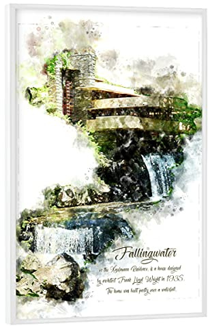 artboxONE Poster mit weißem Rahmen 60x40 cm Natur Fallingwater Hochformat Aquarell - Bild frank Lloyd Wright