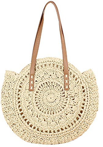 Domybest Sac de Paille Rond Femme Sac à Main en Paille Tissée à la Mode Sac Porté épaule de Grande Capacité Sac Fourre-tout Sac en Rotin Plage Sac de Paille Plage Femme