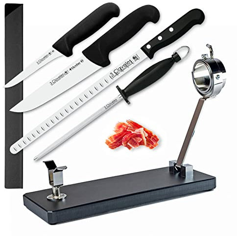 Juego Profesional de Soporte Jamonero Plegable en Acero Inoxidable y Cuchillos 3 Claveles, Funda y Chaira (MBLANC Negro)