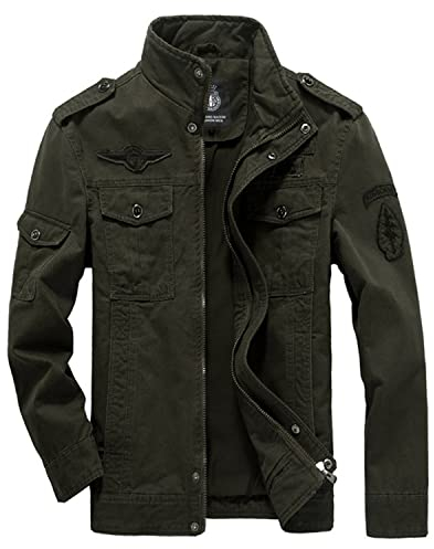 MERCIYD Chaqueta militar de entretiempo para hombre, de cuello alto, de aviador, de algodón, bomber, con múltiples bolsillos, Verde militar., L