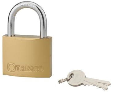 Cadenas Type 1 à Anse, 60 MM Doré Usage Intérieur - Double Verrouillage à Goupilles - Corps Laiton et 2 Clés Acier- Anse Ø10 MM, Htr 32 MM, Largeur Utile 31 MM, Acier Cémenté Nickelé - THIRARD