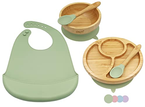 Shiphape - Ensemble De Vaisselle Pour Bébé Assiette Ventouse Pour Bébé - Assiette Compartiment Bebe - 2 x Cuillere Bebe - Bavoir Silicone Bebe - Bol Ventouse Pour Bébé - sans BPA - eBook Gratuit