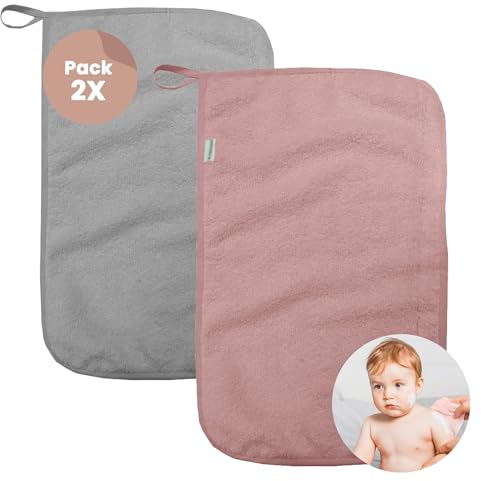 MIMUSELINA 2 Serviette Bebe - Lingettes Lavables et Serviettes de Toilette en Éponge pour Bébé, Très Absorbante, Serviette Petite Douce Hypoallergénique Et Réutilisable 4,5 cm, 450gr (Rose/Gris)