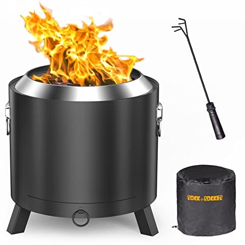 Rock&Rocker Rauchfreie Feuerstelle, 304 Edelstahl, 18,5 Zoll Outdoor Lagerfeuer Feuerstelle, Feuerstelle für Draußen, mit abnehmbarem Ascheschwanne, tragbarem Griff & wasserdichter Abdeckung, für