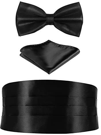 FAVOMOTO Kummerbund Schwarz Kummerbunde Kummerbund mit Fliege und Einstecktuch Formelle Satin Kummerbunde für Männer, 3er Set Schärpe Verstellbar Band 1 Set Herren Kummerbund Fliege Einstecktuch