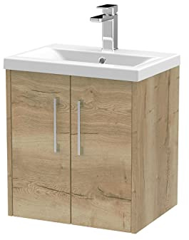 Hudson Reed JNU1821A Juno Modern Bathroom Wall Hung 2-Door Vanity with Mid-Edge Ceramic Basin, 500mm, Woodgrain Autumn Oak