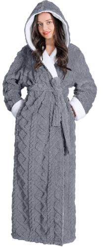 Flygo Damen-Bademantel, lang, mit Kapuze, Fleece, volle Länge, lange Bademäntel für Damen, mit Kapuze