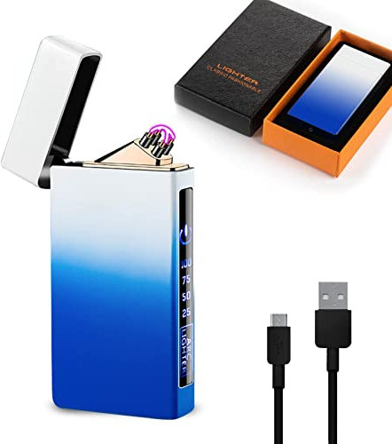 GADATOP Briquet d'extérieur résistant au Vent - Double Arc électrique coloré dégradé - Rechargeable par USB - sans Flamme - avec indicateur de Batterie Clignotant Rythmique (dégradé Blanc/Bleu)