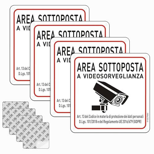 Cartello Area Videosorvegliata, 4 Pezzi Cartello Videosorveglianza, 15x15cm Adesivo GDPR, Cartello Videosorveglianza con Adesivo e Fori Preforati, Impermeabile,per Casa e Negozio, Interno ed Esterno