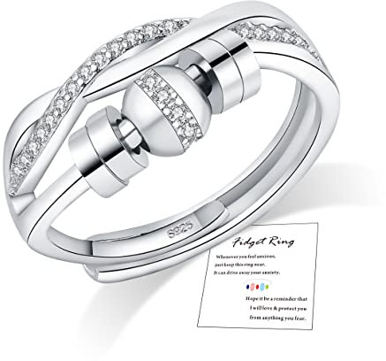 FUNTE® Anxiety Rings for Women - Sterling Silver Fidget Rings with Spinner Beads & Cubic Zirconia, Adjustable, Stress Relief - Gift Card & Box Included