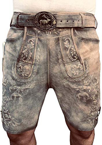 Royal Trachten Lederhose Wildbock Lederhosen Bayerische Lederhose Oktoberfest Lederhose Herren Trachten kurz Lederhose mit Adler Trachten Gürtel Größe 46-64 (DE/NL/SE/PL, Numerisch, 50, Regular, Kurz)