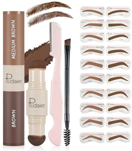 Holzsammlung 2 en 1 Sellos de Cejas, Plantilla Cejas,Sello De Cejas Impermeable, Con 10 Plantillas Para Cejas, Cepillo Para Cejas Y Recortador Para Cejas(Marrón Medio+Marrón)