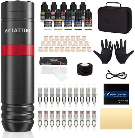 EZ Tattoo Maschinen Set - Tattoo Set Komplett mit Rotations Tattoo Maschine, 1500mAh Akku Stromversorgung, 20 Stück Tattoo Nadeln und 10 Farben Tinten für Tattoo Anfänger und Künstler (Caster Rot)