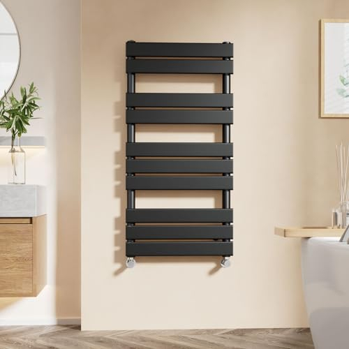 EMKE Towel Radiator Black, Heated Towel Rail for Bathrooms, Modern Flat Panel Versatile Wall/Floor Mounted Bathroom Radiators 1200 x 500 mm