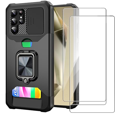 Funda Samsung Galaxy S24 Ultra + 2× Cristal Templado,[Tapa Deslizante para la cámara] Anti-Choque con 360 Grados Magnetic Anillo Hard PC y Silicona TPU Bumper antigolpes Case,Negro
