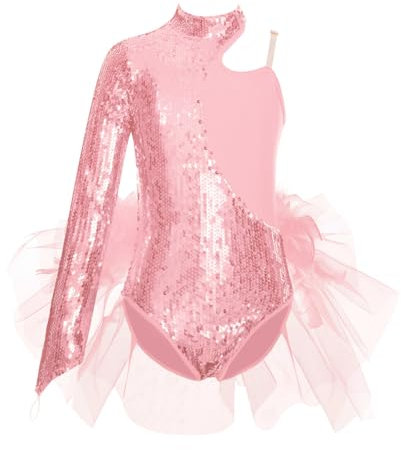 CHICTRY Paillettes Body da Danza Classica Bambina Principessa Tutu Ballerina Abito da Ballo in Tulle Leotards Una Spalla Body da Ginnastica Artistica Dancewear Rosa 7-8 anni