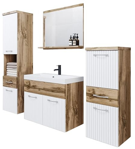 PIASKI Alba Ensemble de meubles de salle de bain avec lavabo inclus, meubles de salle de bain suspendus, différentes couleurs (Wotan/blanc ondulé)