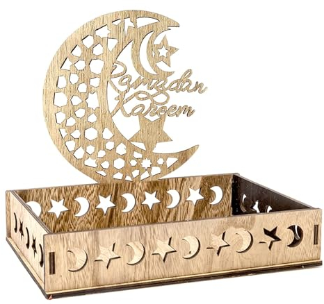 Eid Mubarak Tischdeko Teller,Dessert-Tablett Holz Teller Mond Und Stern Muster,Moon Star Servierteller für Ramadan,Eid Mubarak Dekoration,Ramadan Essen Dessert Tablett (Ramadan Kareem)